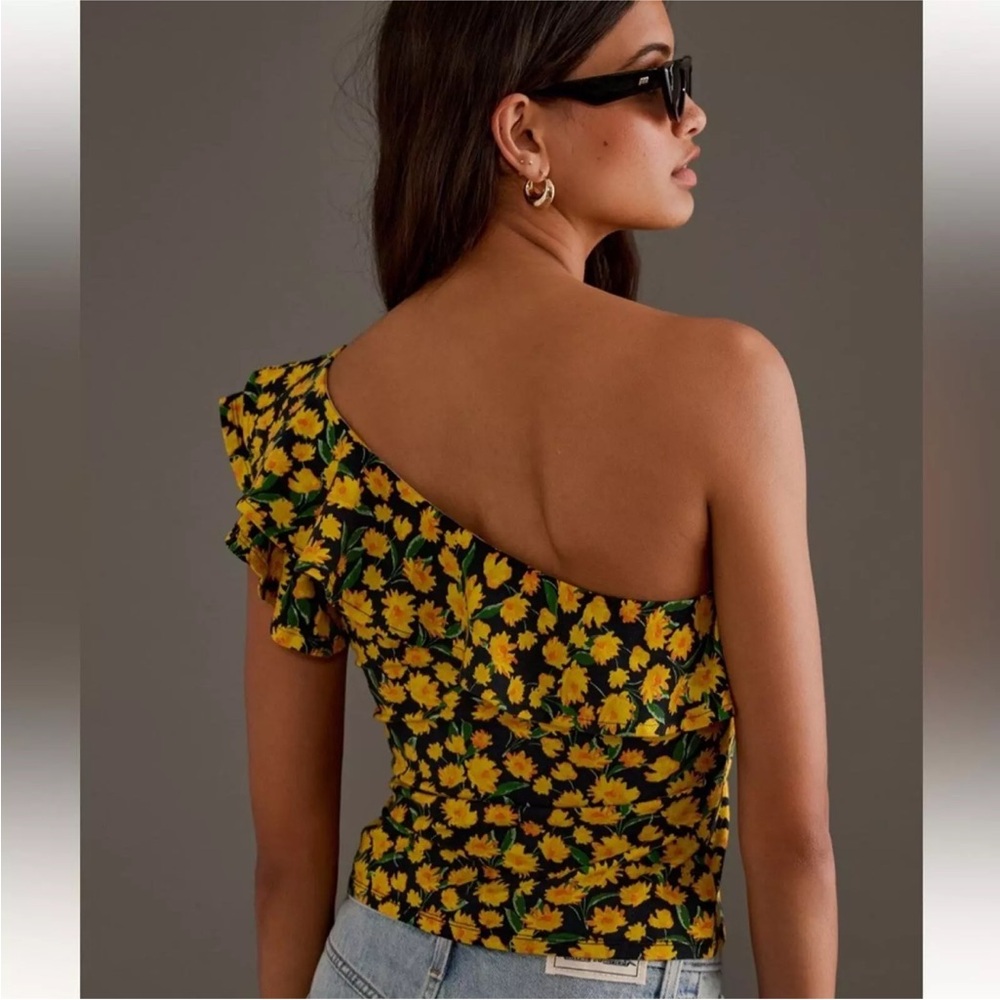 NWT Anthropologie Maeve One Shoulder Ruffled Top Yellow Floral Size Medium - Picture 5 of 10